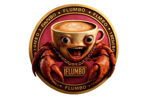 FLUMBO coin mascot — crab coffee cup character